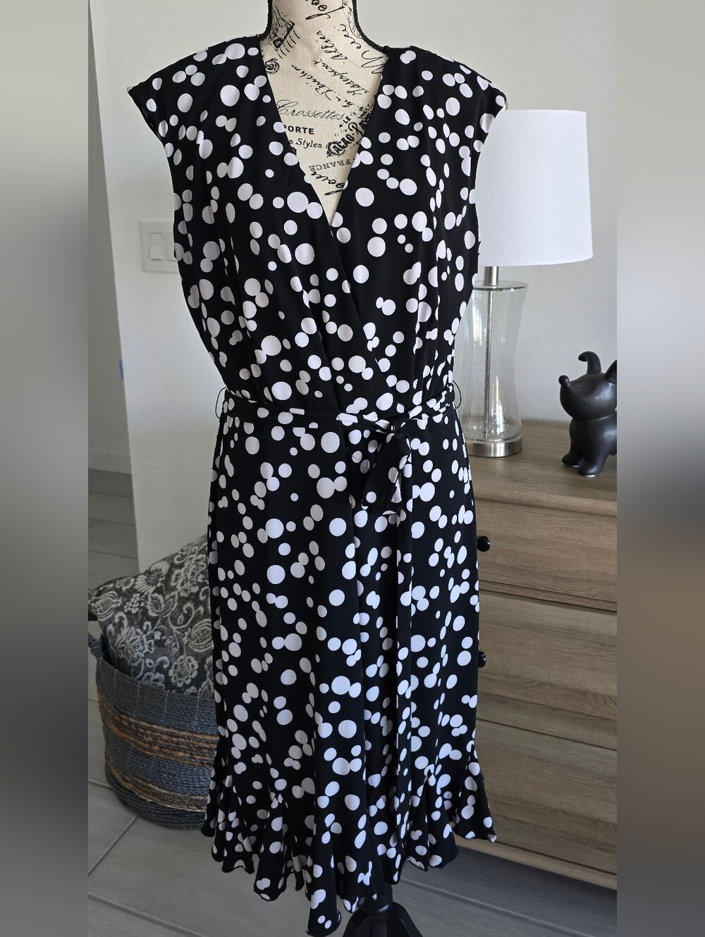 Polka Dot Wrap Midi Dress - Black & White